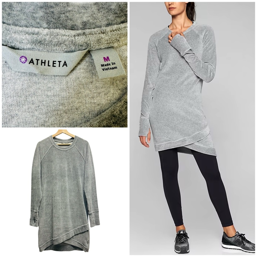 Athleta Criss Cross Velour Tunic Long Sleeve Stretch Sweater Dress Gray S/158191